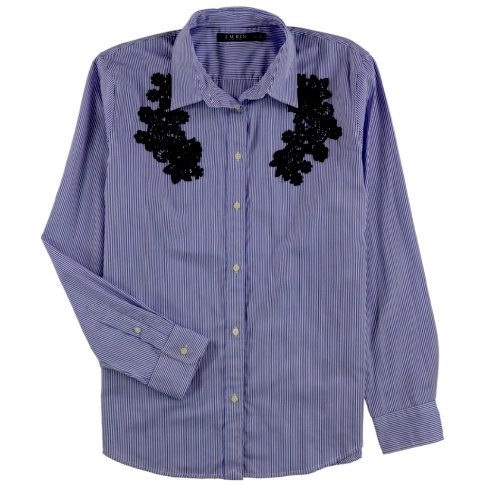 Ralph Lauren Women’s Button Down Shirt Striped with Embellishments Sz Large L